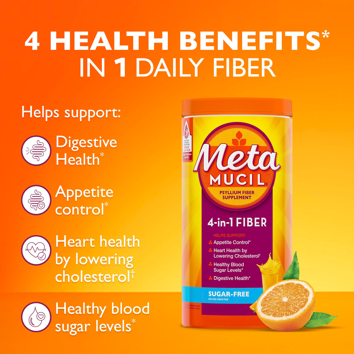 Metamucil 4-en-1 Complément Alimentaire 472g cuillère de poudre orange