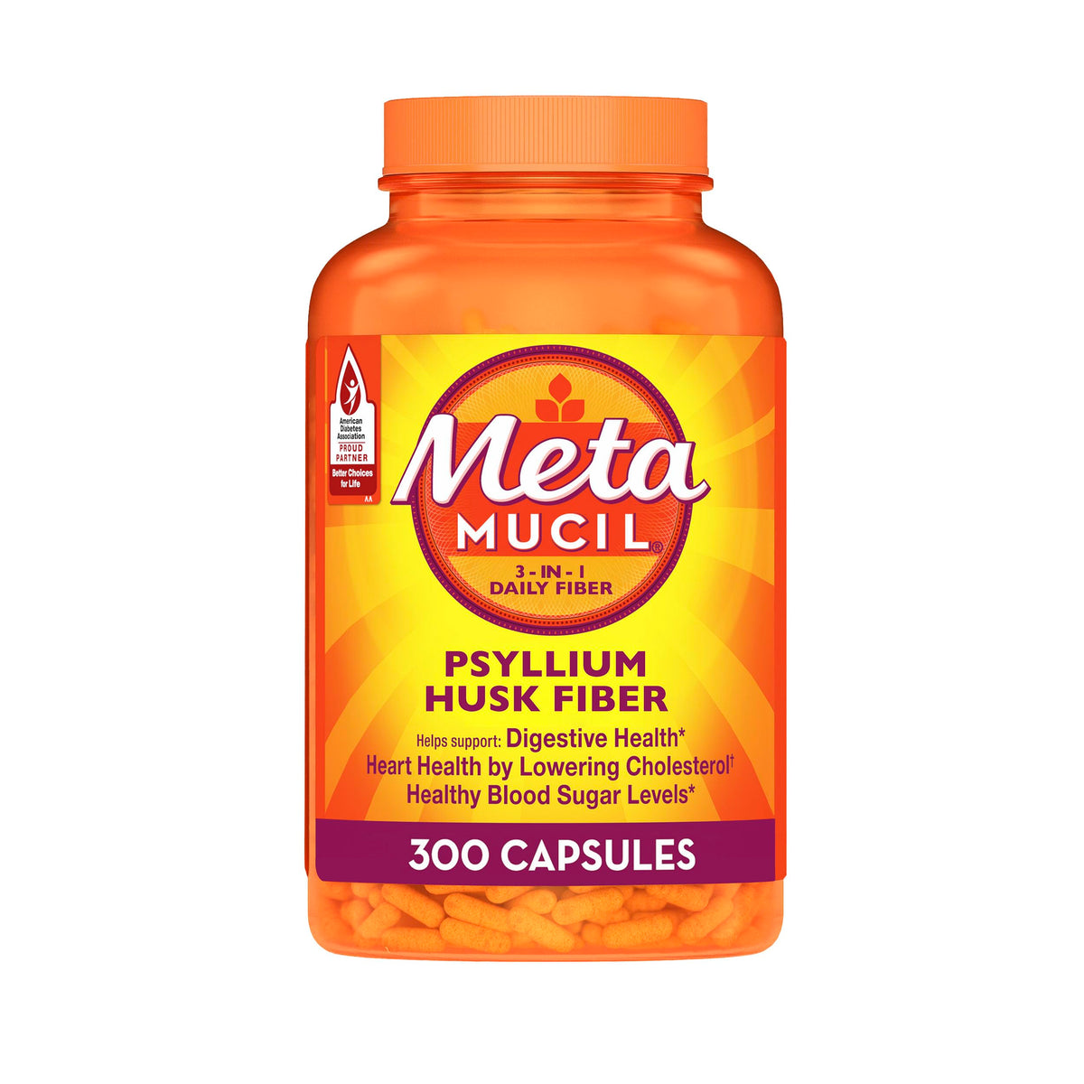 Metamucil capsules de psyllium 300 unités, vue de face