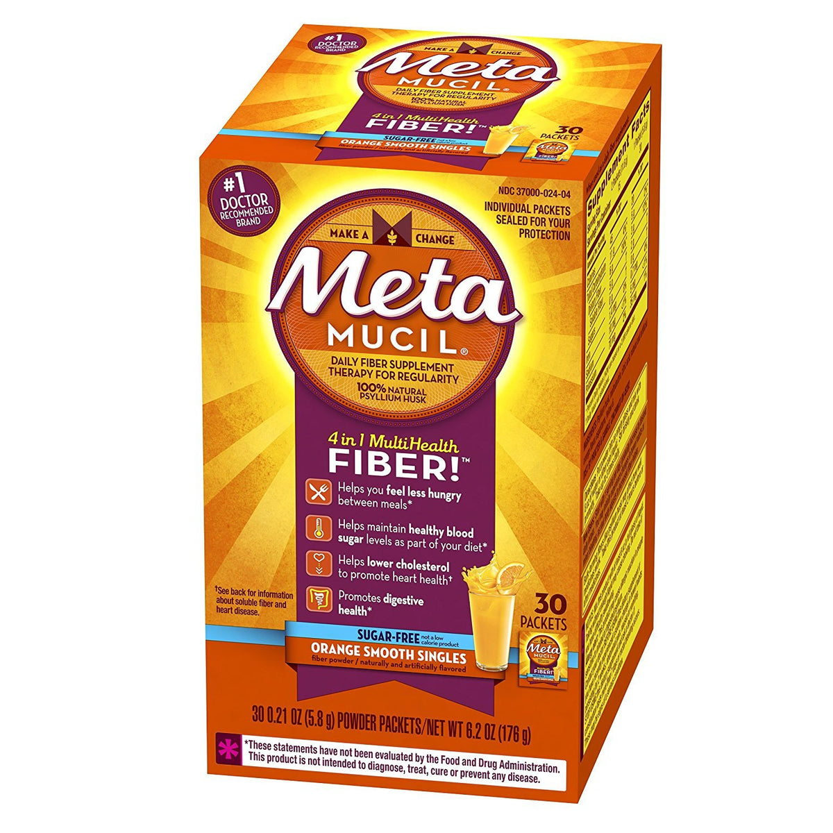 Metamucil Fibres Singles sachets orange sans sucre, vue de face
