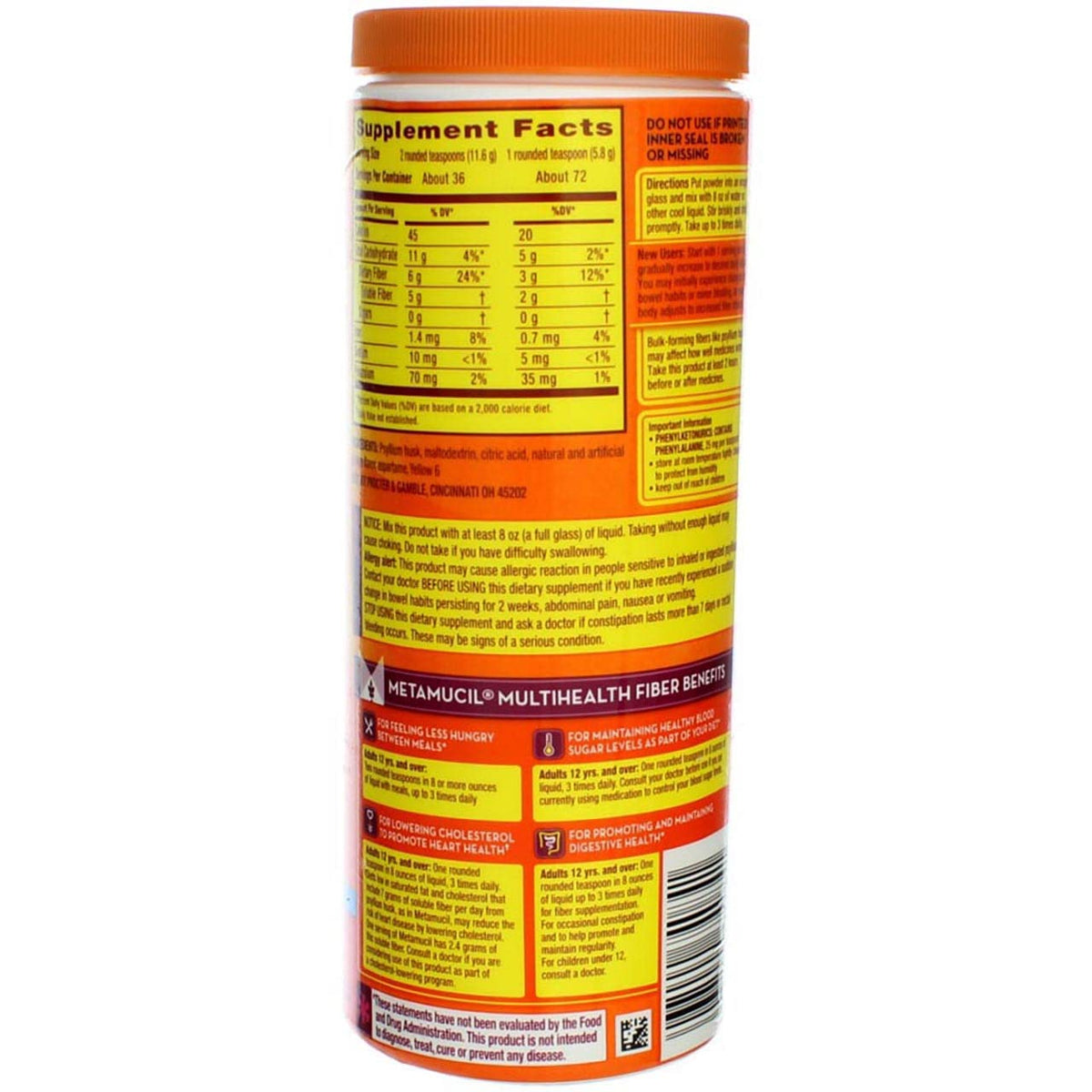 Metamucil MultiHealth Fiber, détails de l'étiquette