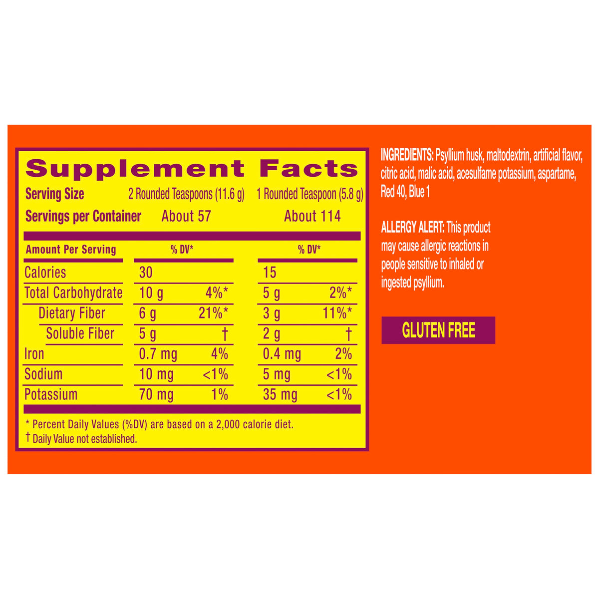 Metamucil Poudre de Psyllium 4-en-1 780g avec une étiquette nutritionnelle