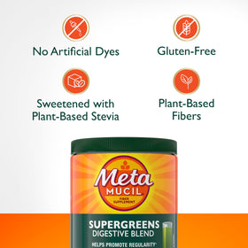 Metamucil Poudre SuperFood Greens 290g sur une table avec des fruits