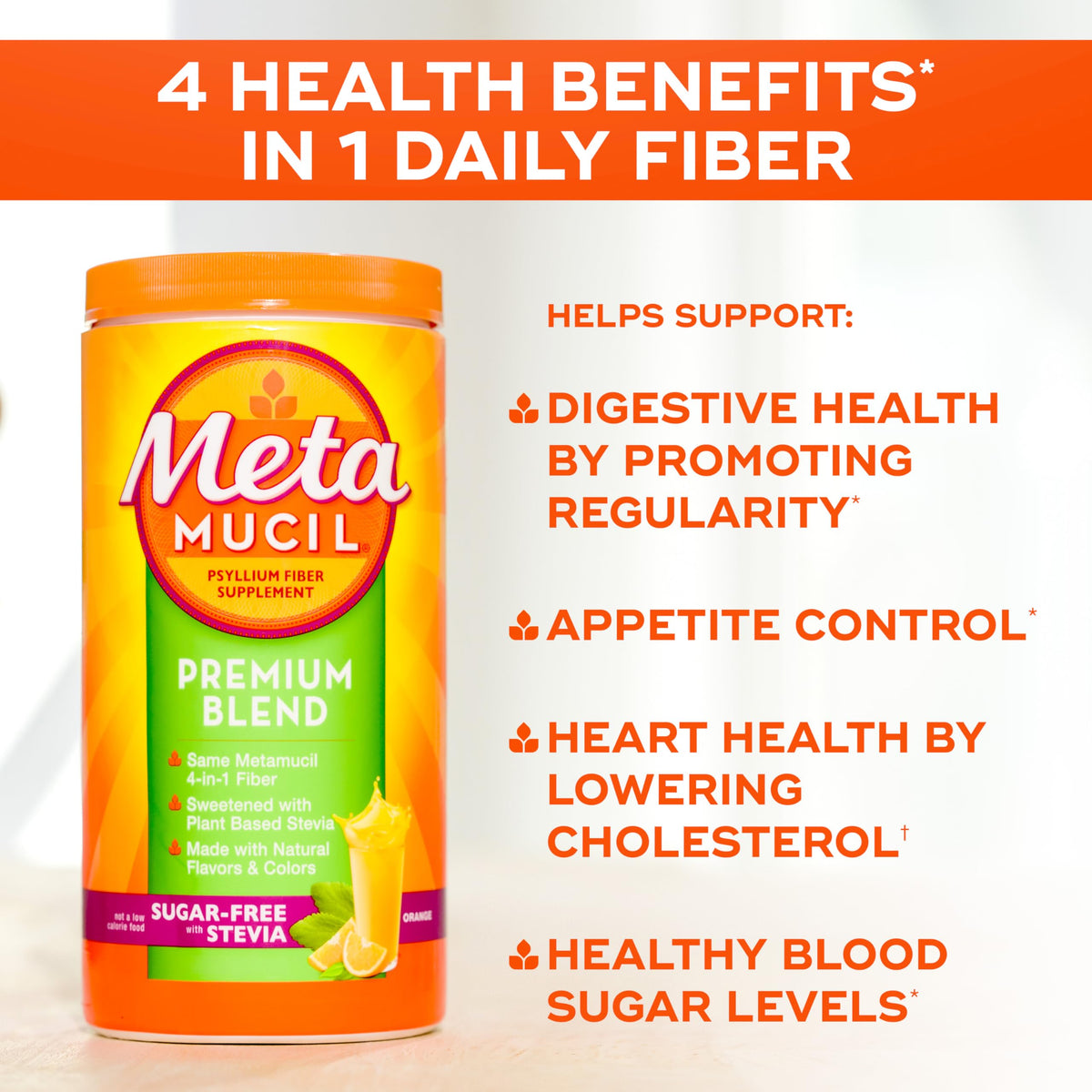 Metamucil Premium Blend 4-en-1 180 cuillères étiquette avec ingrédients