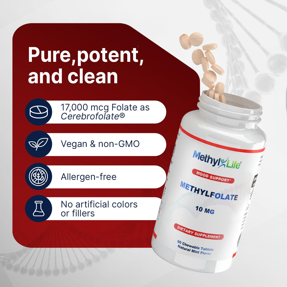 Methyl-Life L-Méthylfolate 10 mg comprimés à croquer sur une table