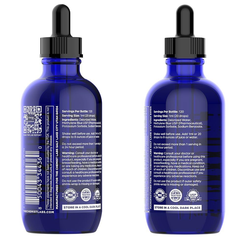 Methylene Blue 1% de Chemist Labs, flacon ouvert avec goutte en vue