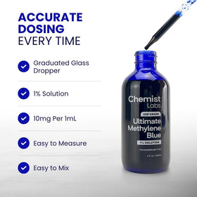 Methylene Blue 1% de Chemist Labs, vue latérale du flacon