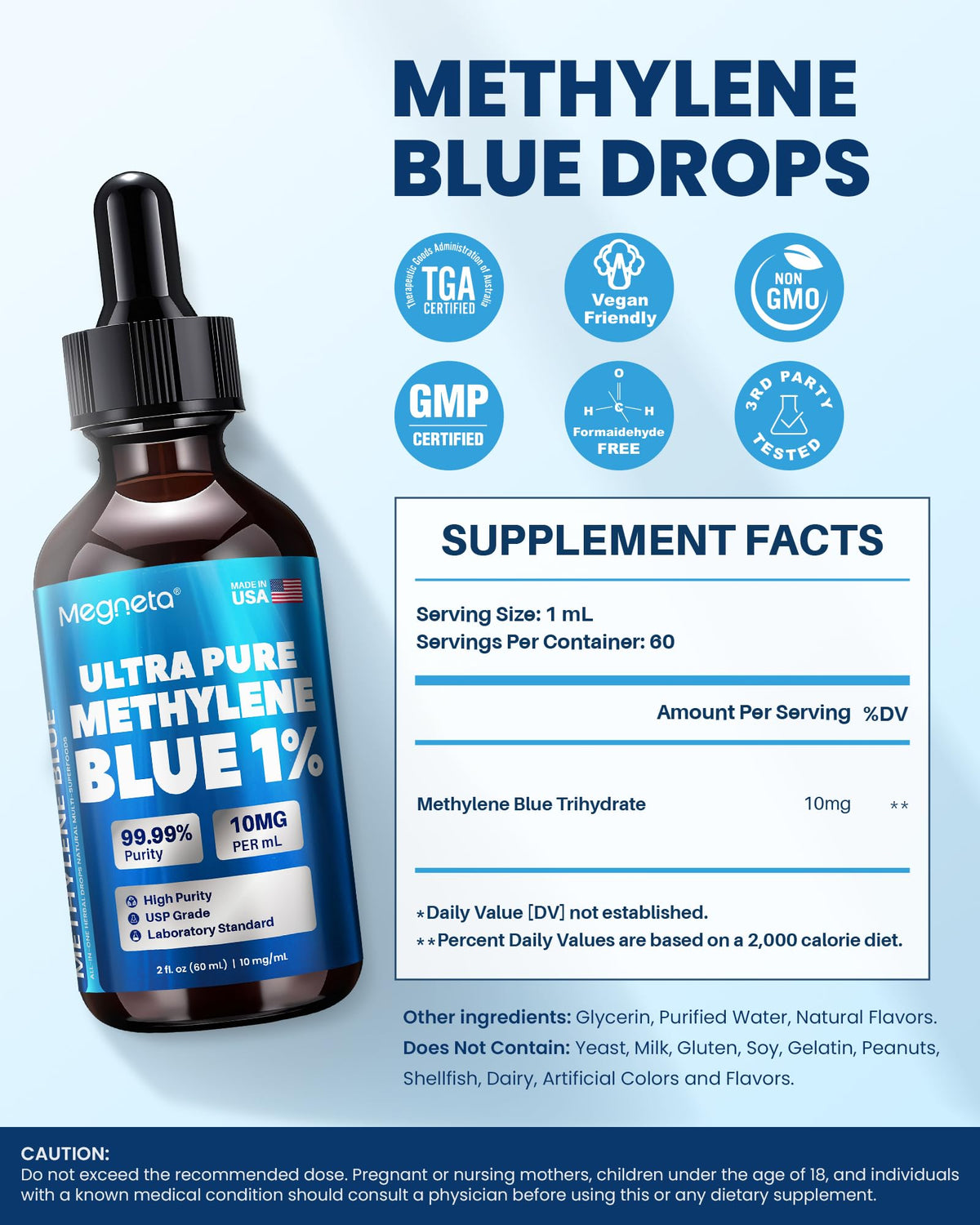 Methylene Blue 1% MEGNETA avec goutteur, mise en avant des détails
