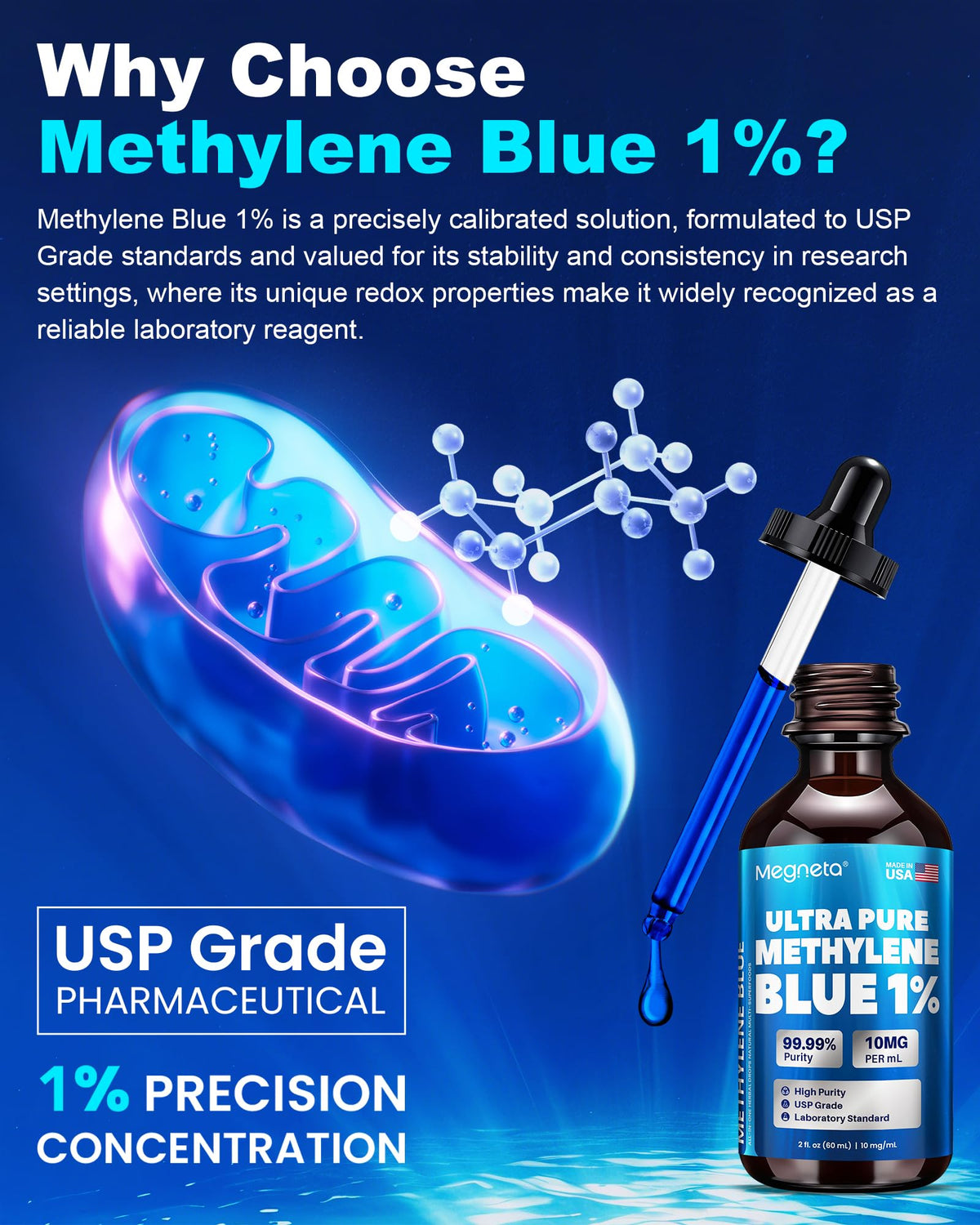 Methylene Blue 1% MEGNETA, gouttes sur une cuillère