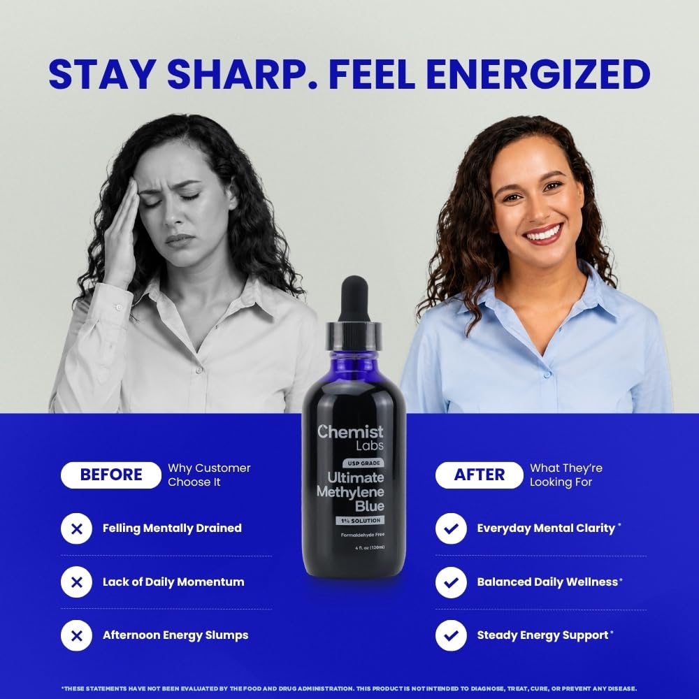 Methylene Blue 1% sur une surface claire, avec goutte visible