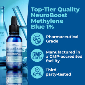 Methylene Blue 1% sur une table avec des vitamines