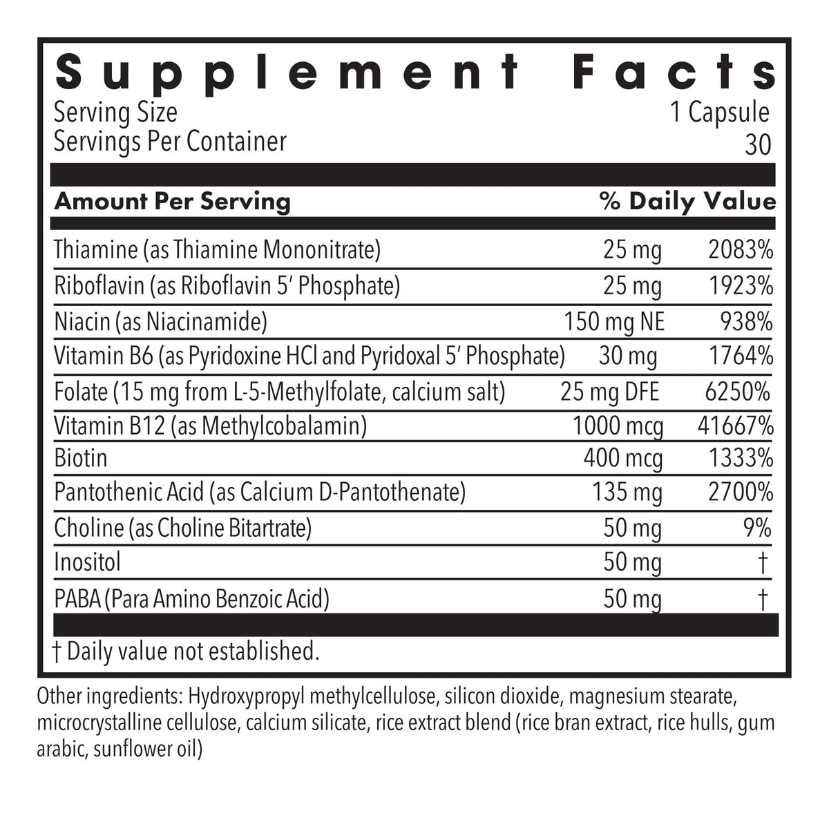 MethylPro B-Complex 15 mg arrière de l'emballage