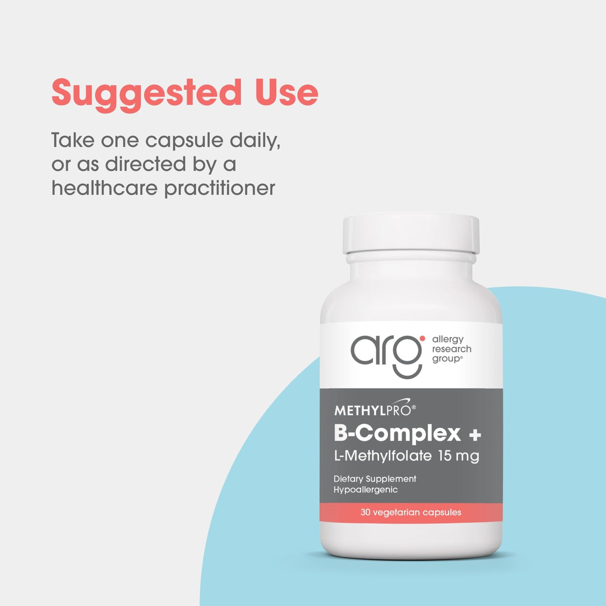 MethylPro B-Complex 15 mg capsules sur un fond blanc