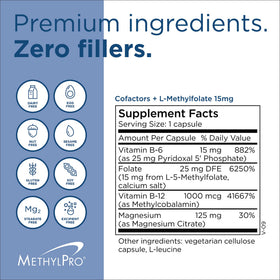 MethylPro Cofactors 15 mg L-Methylfolate 30 capsules label close-up