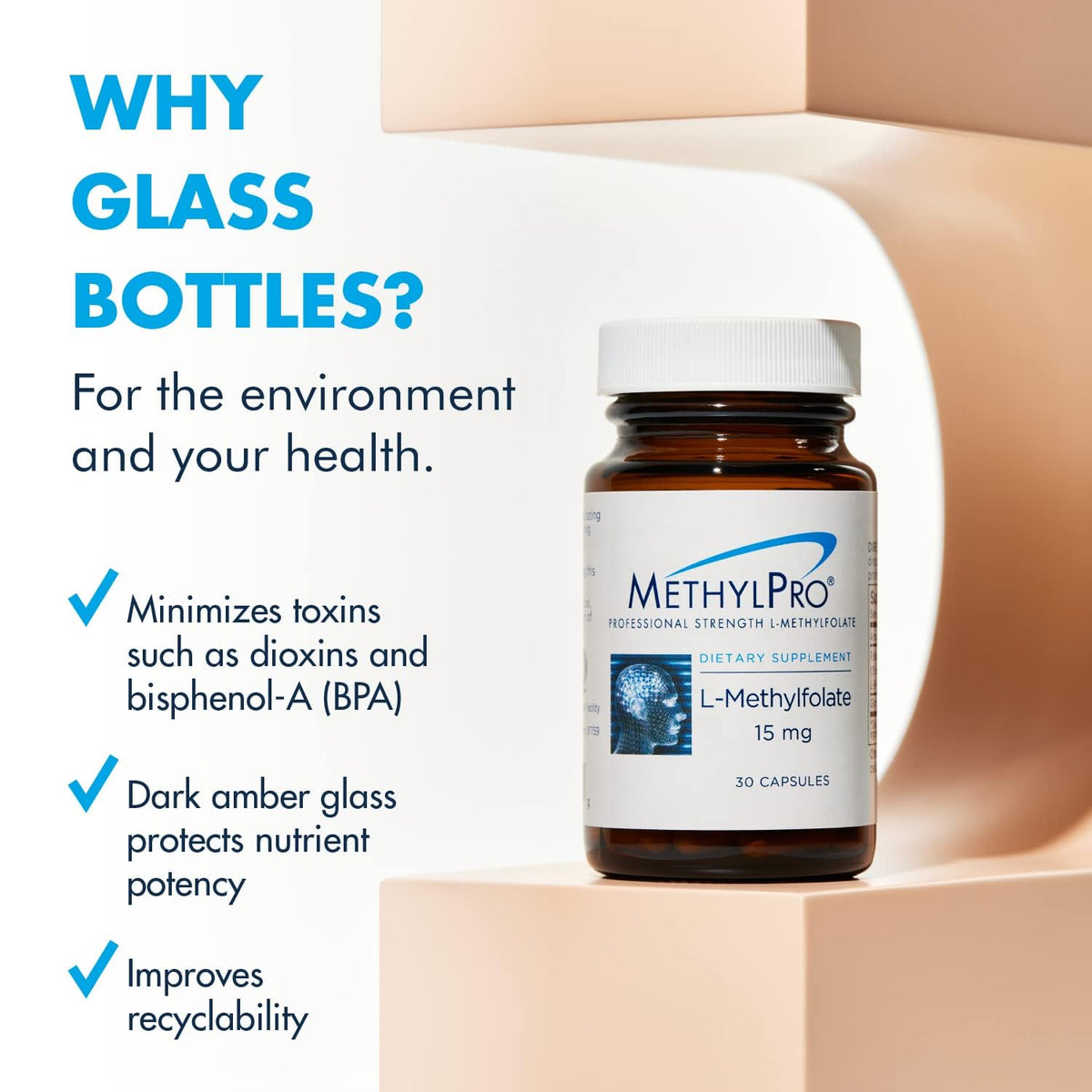 MethylPro L-Méthylfolate 1 mg capsules sur une table avec des ingrédients naturels