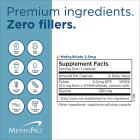 MethylPro L-Méthylfolate 2,5 mg sur une table