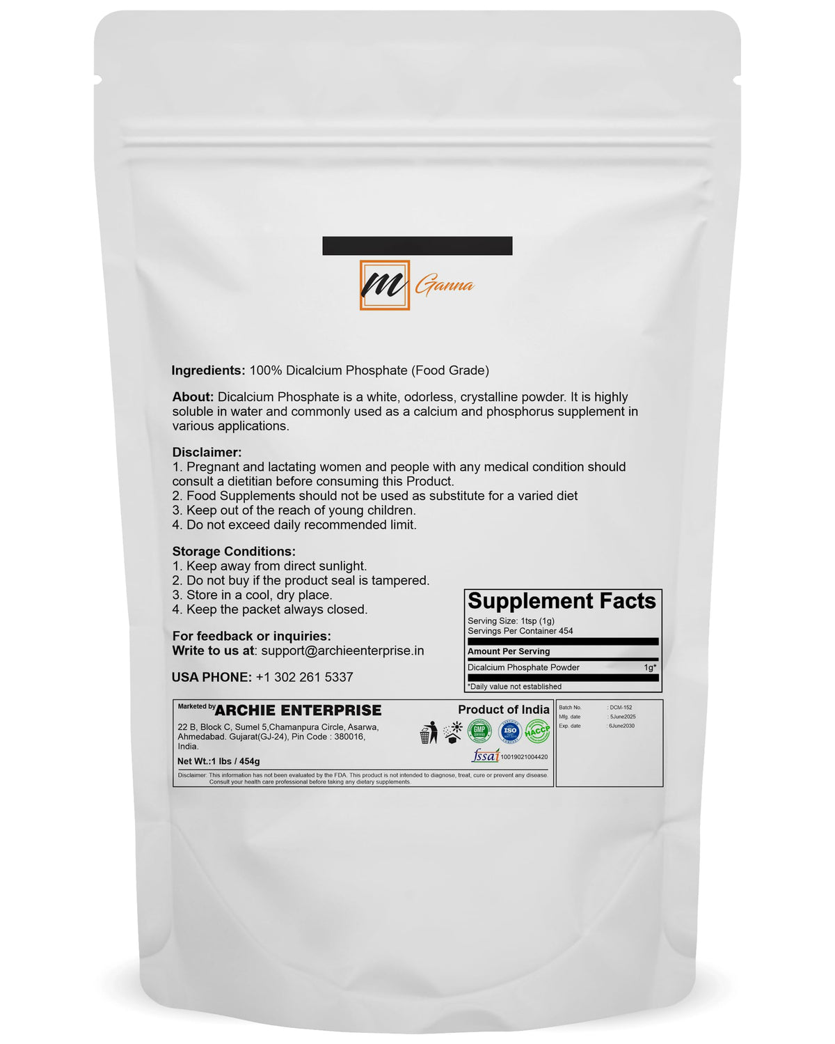 mGanna phosphate de calcium dibasique 454 g emballage