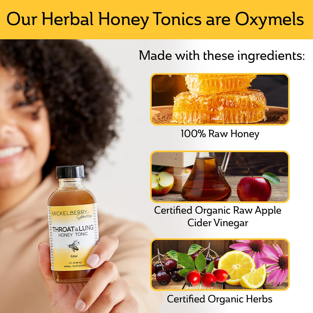 Mickelberry Gardens Tonic Miel Gorge et Poumons 4oz en verre avec thé