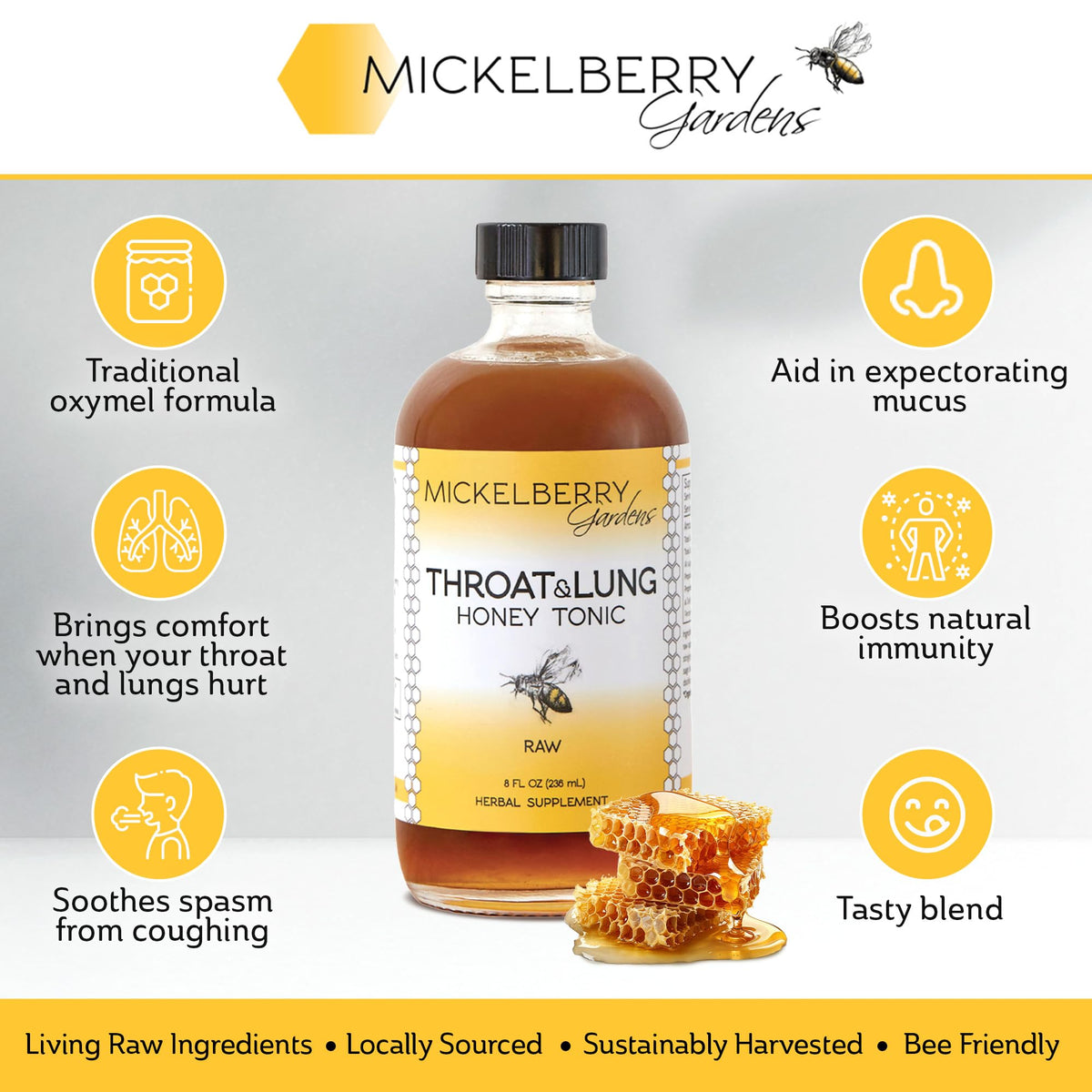 Mickelberry Gardens Tonic Miel Gorge et Poumons 4oz étiquette avec ingrédients
