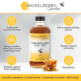 Mickelberry Gardens Tonic Miel Gorge et Poumons 4oz étiquette avec ingrédients