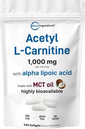 Micro Ingredients Acétyl L-Carnitine 240 gélules molles vue de face
