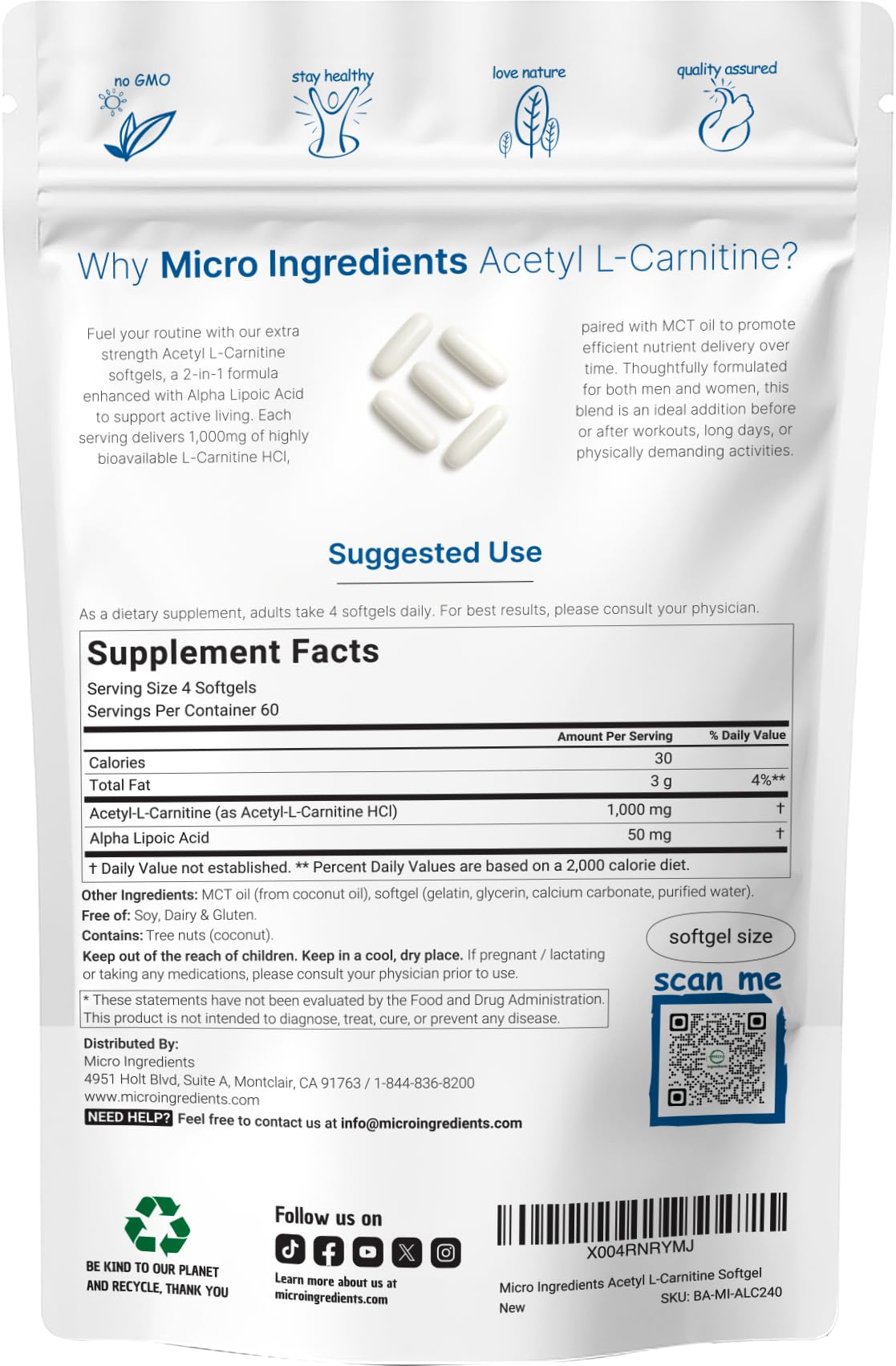 Micro Ingredients Acétyl L-Carnitine présentation des gélules