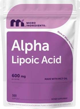Micro Ingredients Acide Alpha-Lipoïque 600 mg gélules molles devant l'emballage