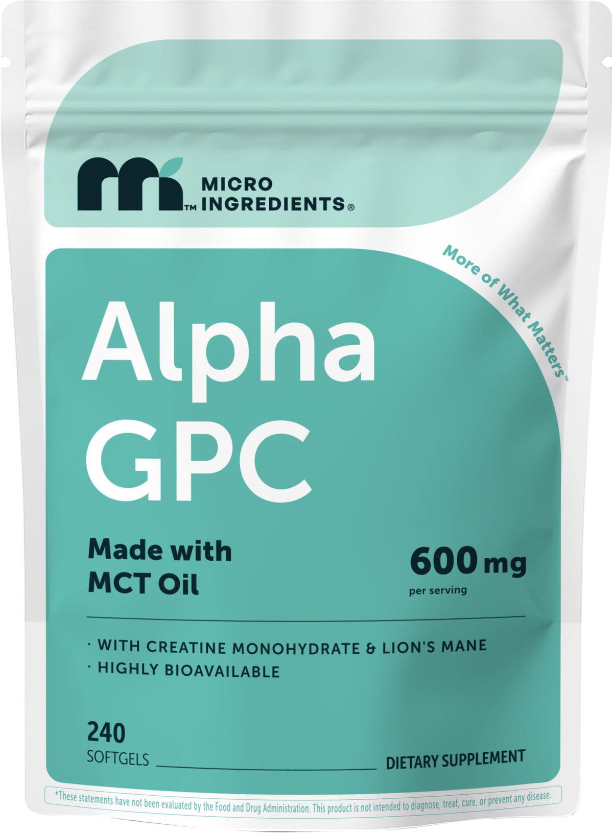 Micro Ingredients Alpha GPC 600mg 240 softgels front view