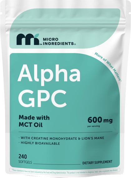 Micro Ingredients Alpha GPC 600mg 240 softgels front view