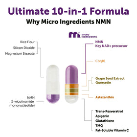 Micro Ingredients complexe NMN 1000mg capsules à côté d'un verre d'eau