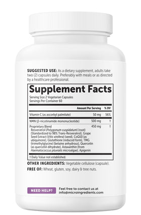 Micro Ingredients complexe NMN 1000mg capsules montrées en gros plan