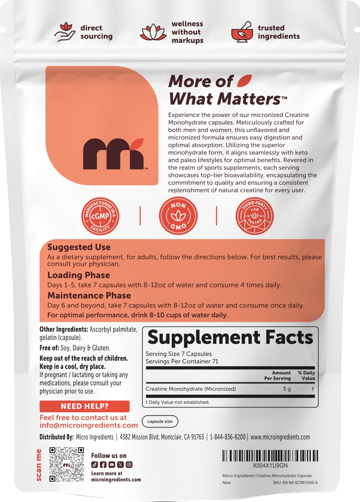 Micro Ingredients créatine monohydrate 500 capsules sur fond blanc