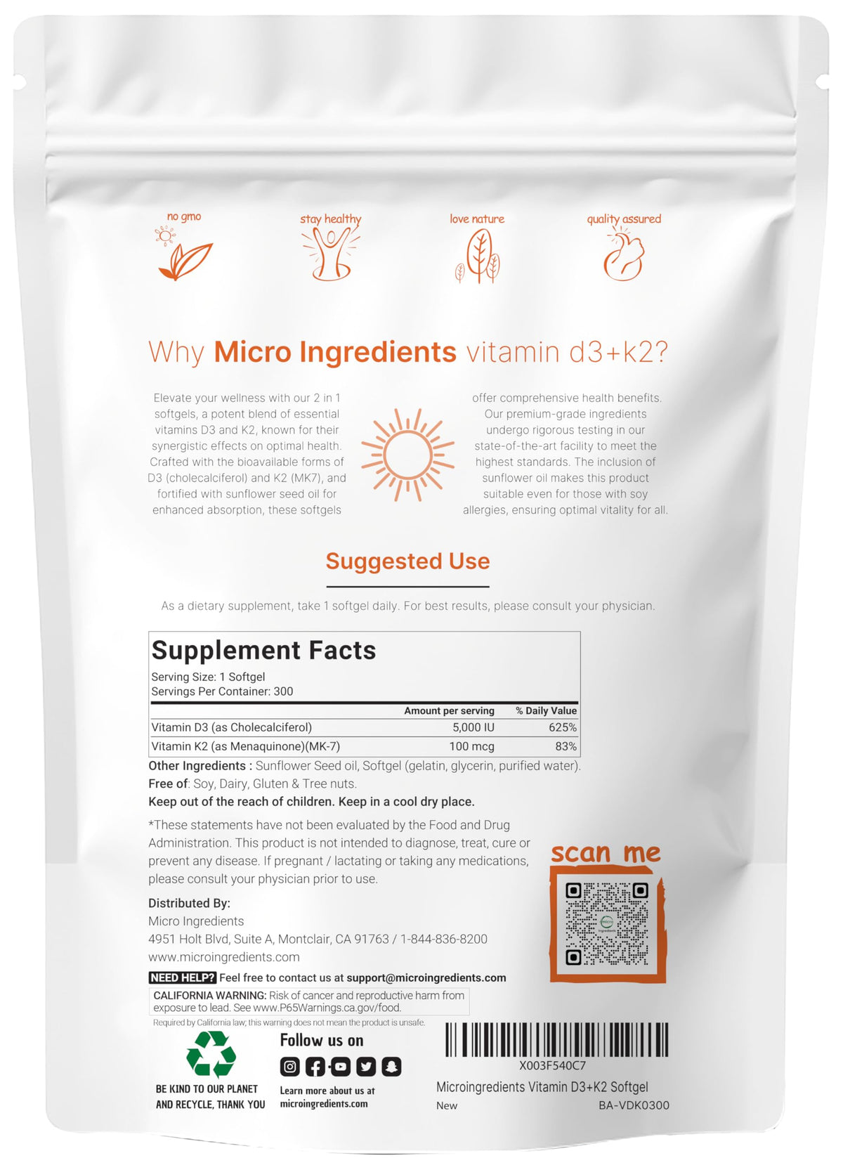 Micro Ingredients gélules de Vitamine D3 et K2 format mini