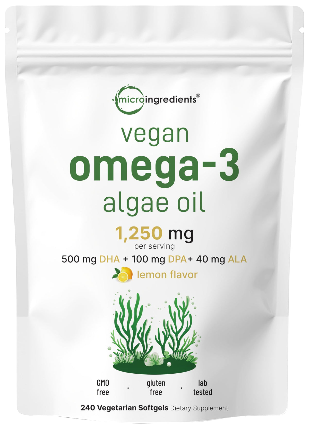 Micro Ingredients huile d'algue Omega 3 végétale 240 gélules, vue de face