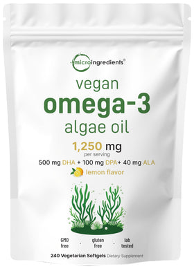 Micro Ingredients huile d'algue Omega 3 végétale 240 gélules, vue de face