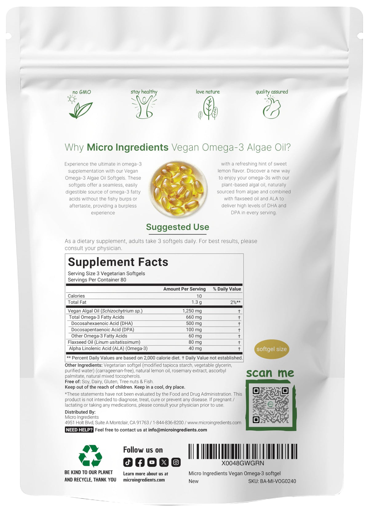 Micro Ingredients huile d'algue Omega 3 végétale, sachet ouvert montrant les gélules