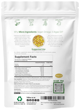 Micro Ingredients huile d'algue Omega 3 végétale, sachet ouvert montrant les gélules