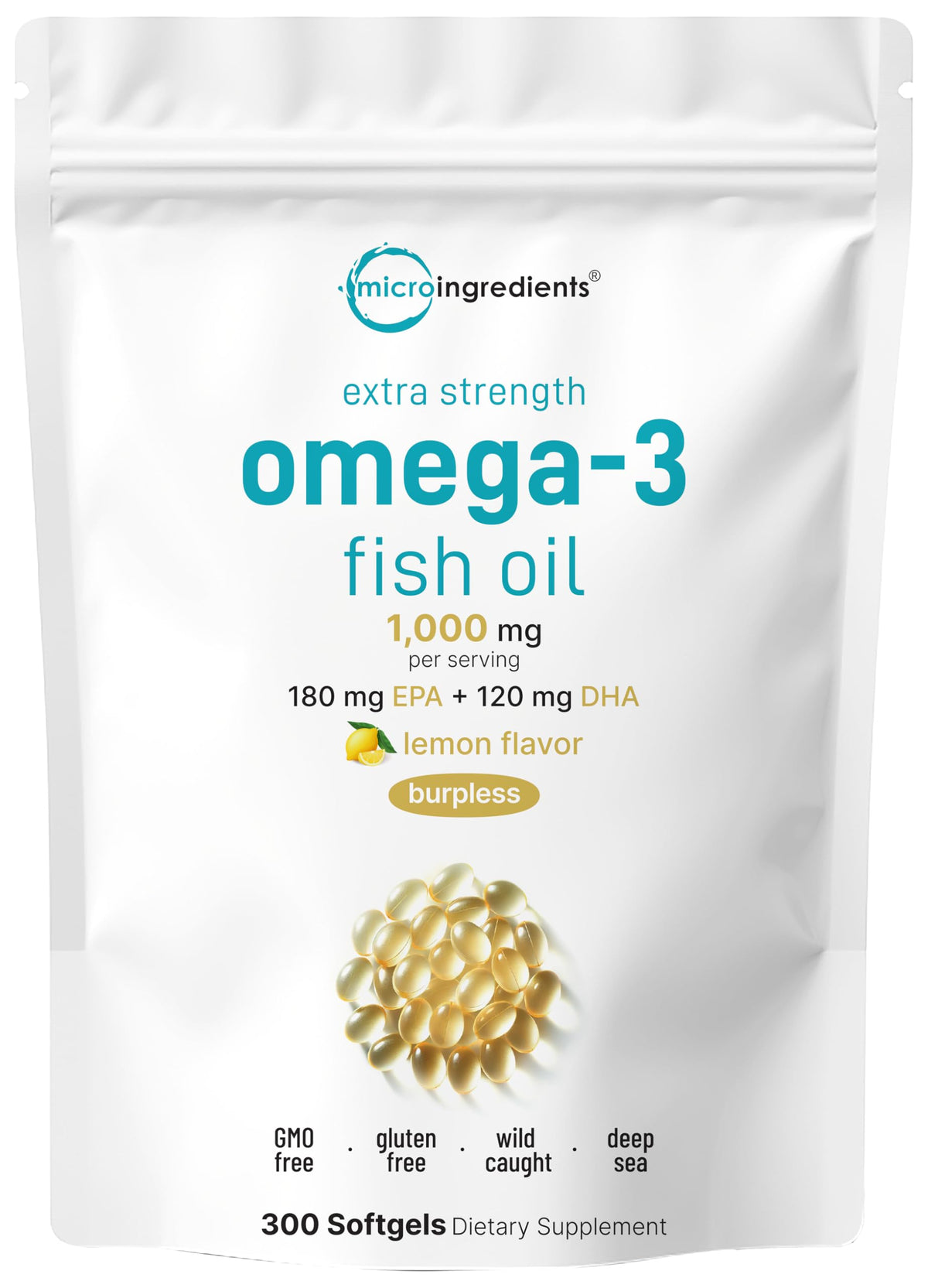 Micro Ingredients Huile de Poisson Omega-3 1 000mg 300 gélules saveur citron