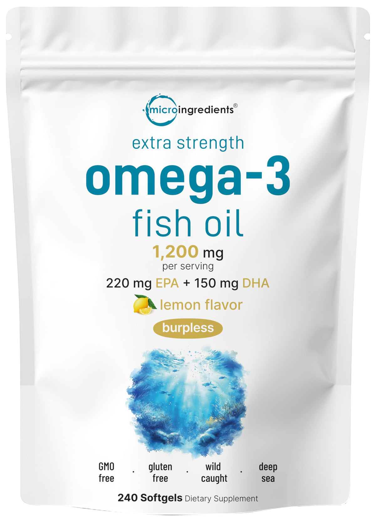 Micro Ingredients Huile de Poisson Oméga 3 1200mg 240 gélules vue de face