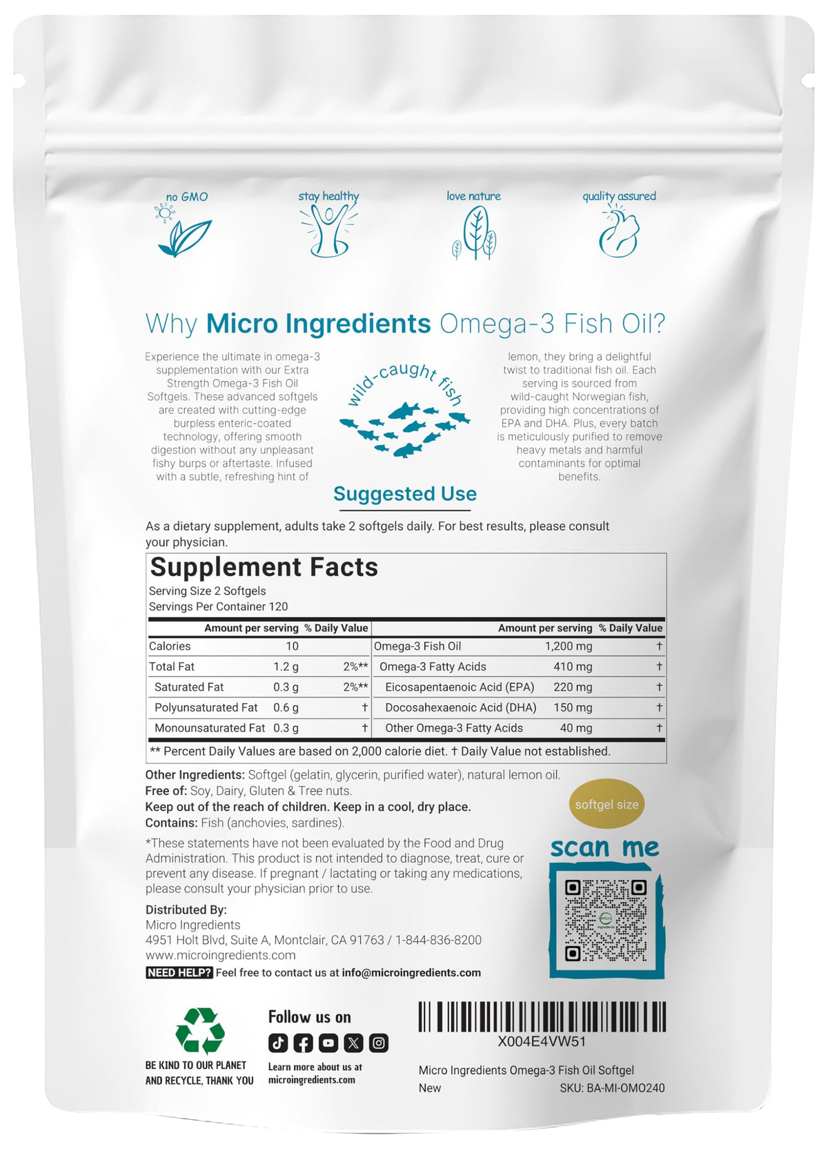 Micro Ingredients Huile de Poisson Oméga 3 240 gélules avec emballage