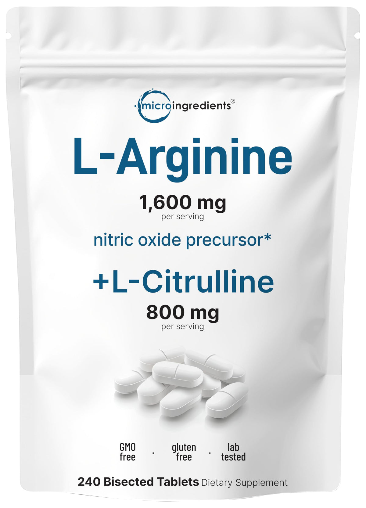 Micro Ingredients L-Arginine 1 600mg comprimés bisectés dans leur sachet