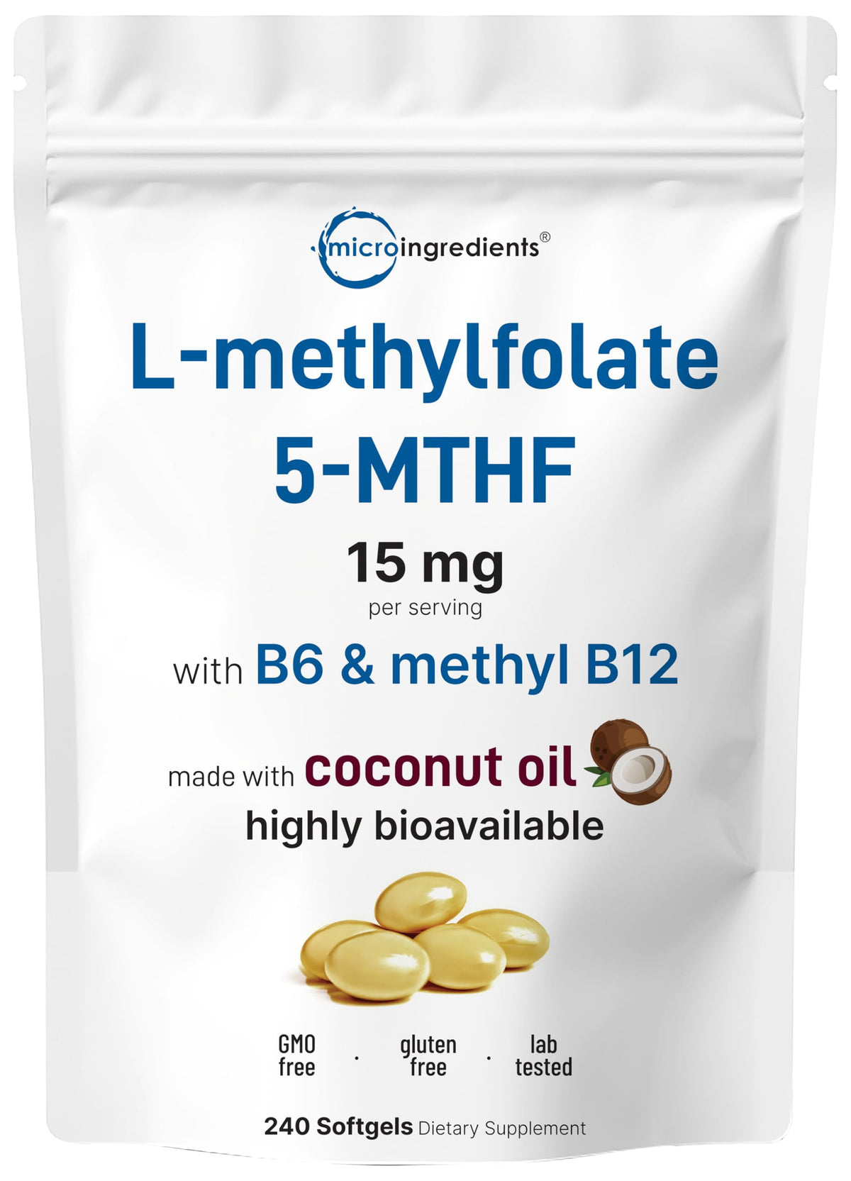 Micro Ingredients L-Méthylfolate 15mg 240 gélules softgel vue de face