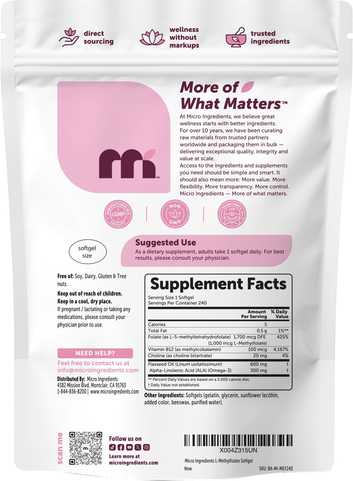 Micro Ingredients L-Méthylfolate 240 gélules molles sur un fond neutre