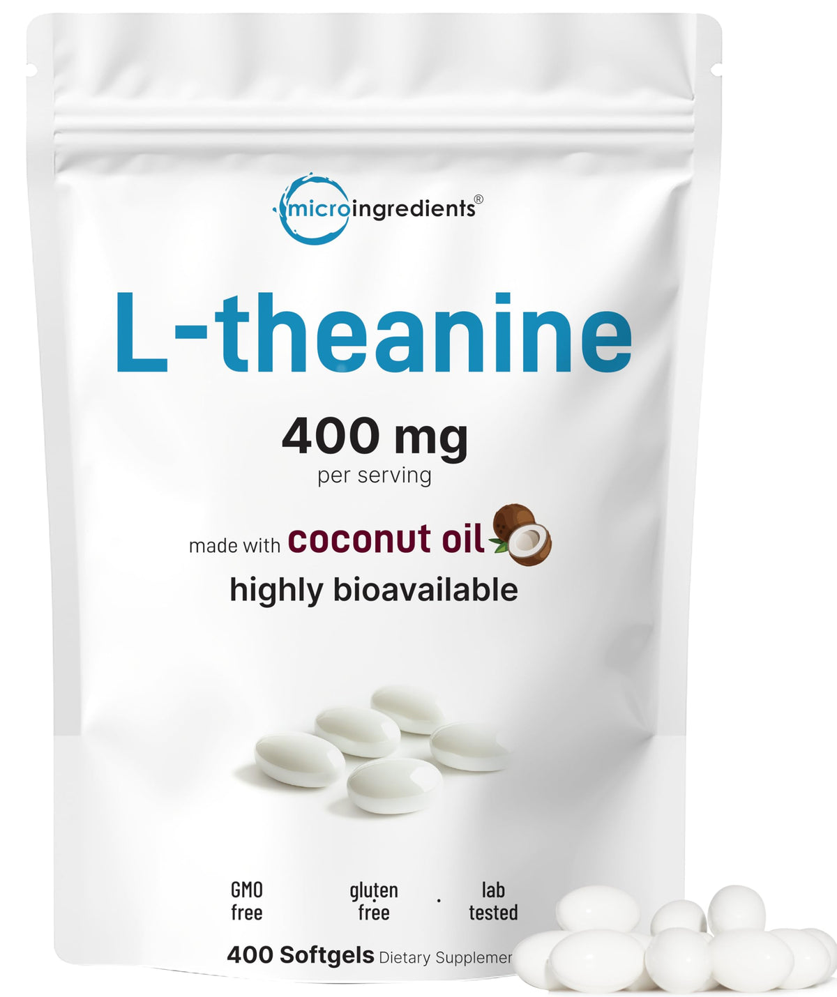 Micro Ingredients L-Theanine 400mg 400 gélules douces avec huile de coco