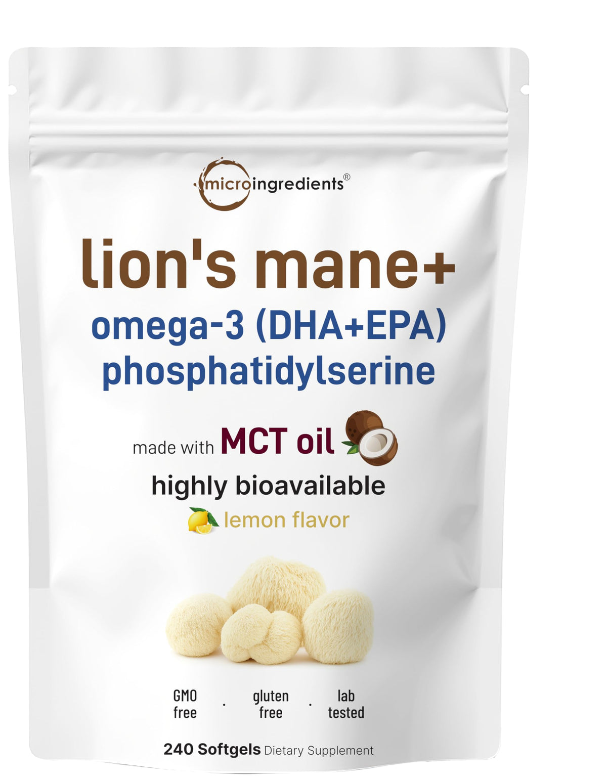 Micro Ingredients Lion’s Mane+ 240 gélules en sachet avec étiquette