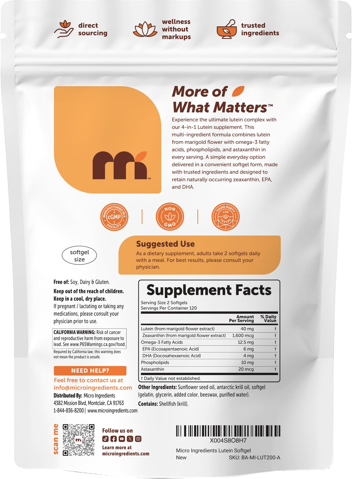 Micro Ingredients Luthéine 40mg gélules avec une main tenant le sachet