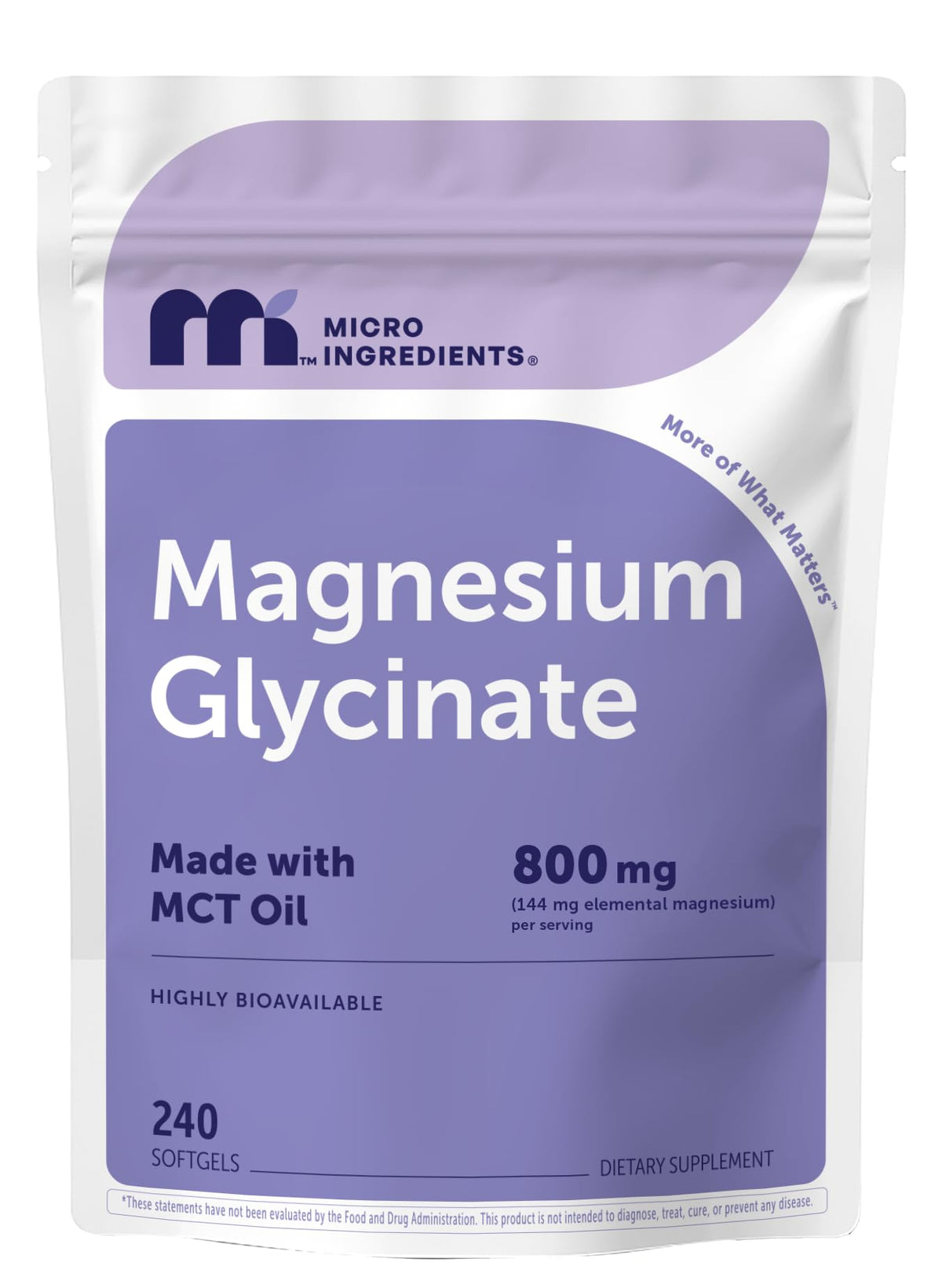 Micro Ingredients Magnésium Glycinate 800 mg gélules souples vue de face