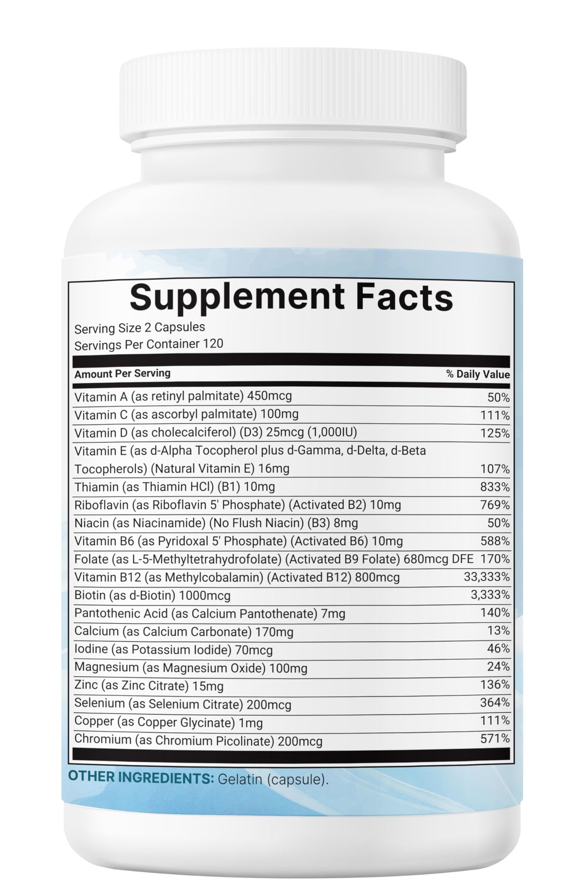Micro Ingredients Multivitamines Méthylées Pures 480 Capsules, capsules sur une surface plane