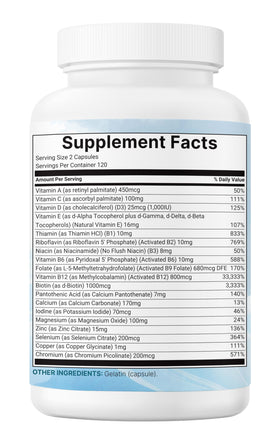 Micro Ingredients Multivitamines Méthylées Pures 480 Capsules, capsules sur une surface plane