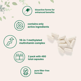 Micro Ingredients Multivitamines Méthylées Pures 480 Capsules, étiquette avec ingrédients