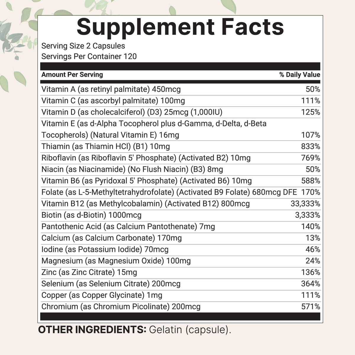 Micro Ingredients Multivitamines Méthylées Pures 480 Capsules, vue arrière